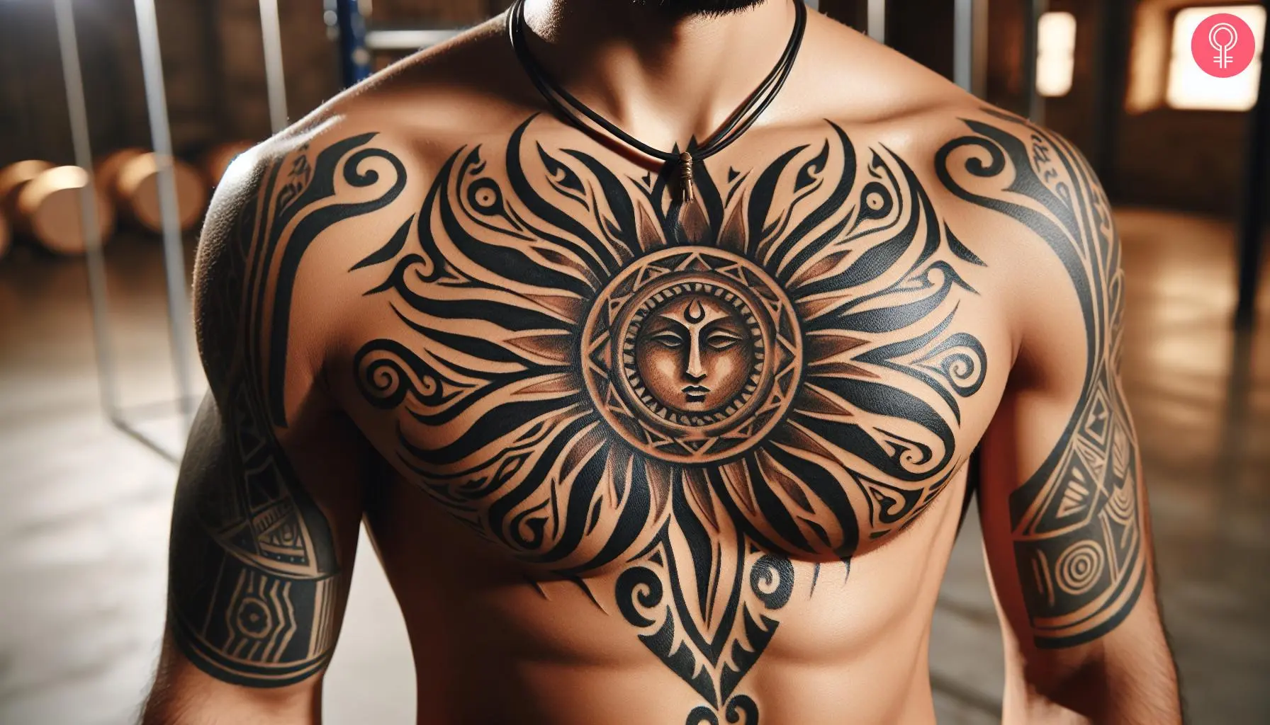 A sunshine tattoo on the chest of a man