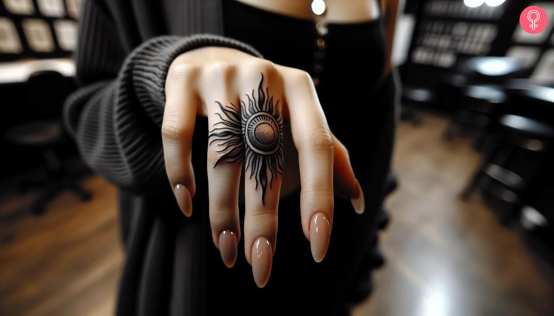 A sunshine tattoo on the finger of a woman