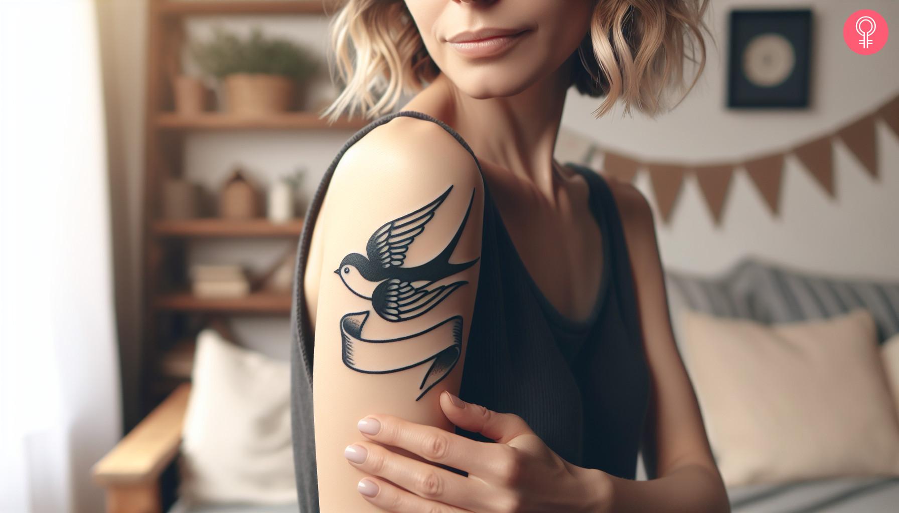 Swallow with banner tattoo on a woman's upper arm