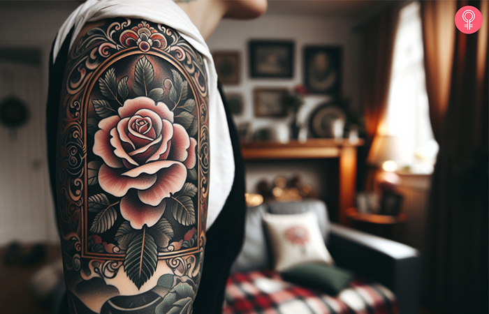 A woman with a traditional frame tattoo with a rose