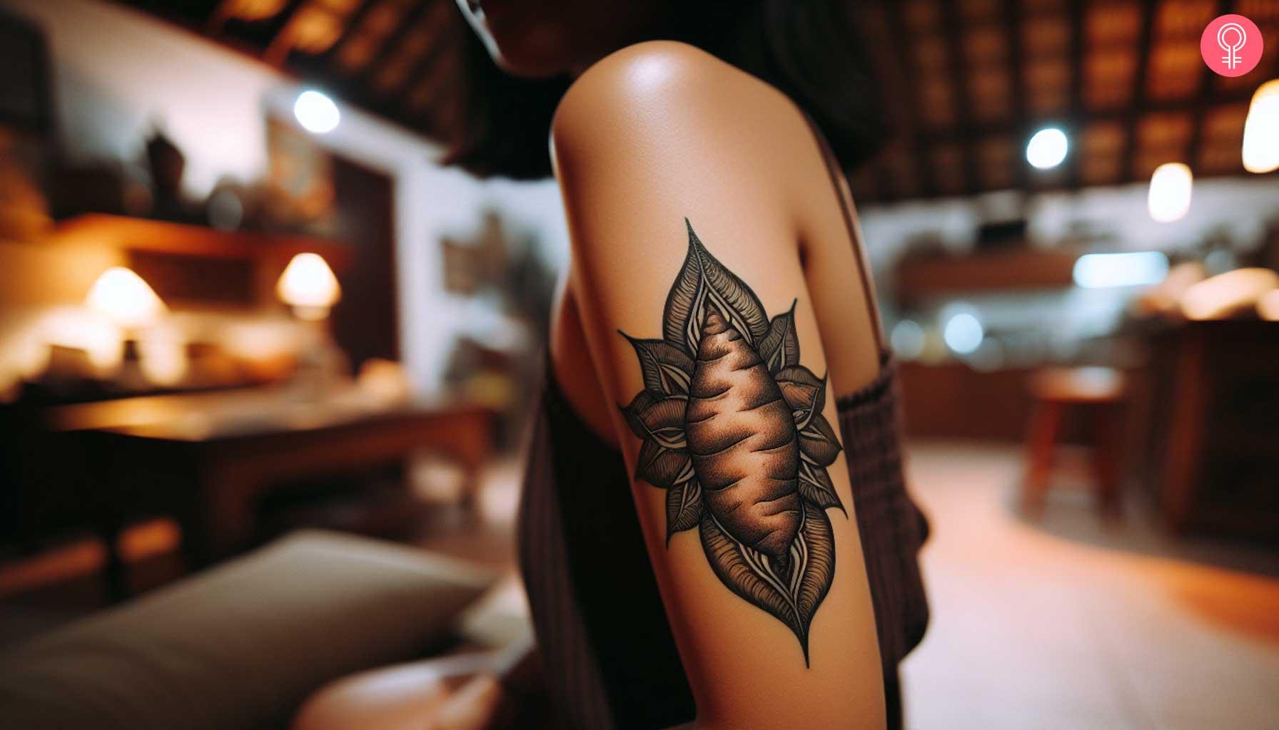 Sweet potato tattoo on the arm of a woman