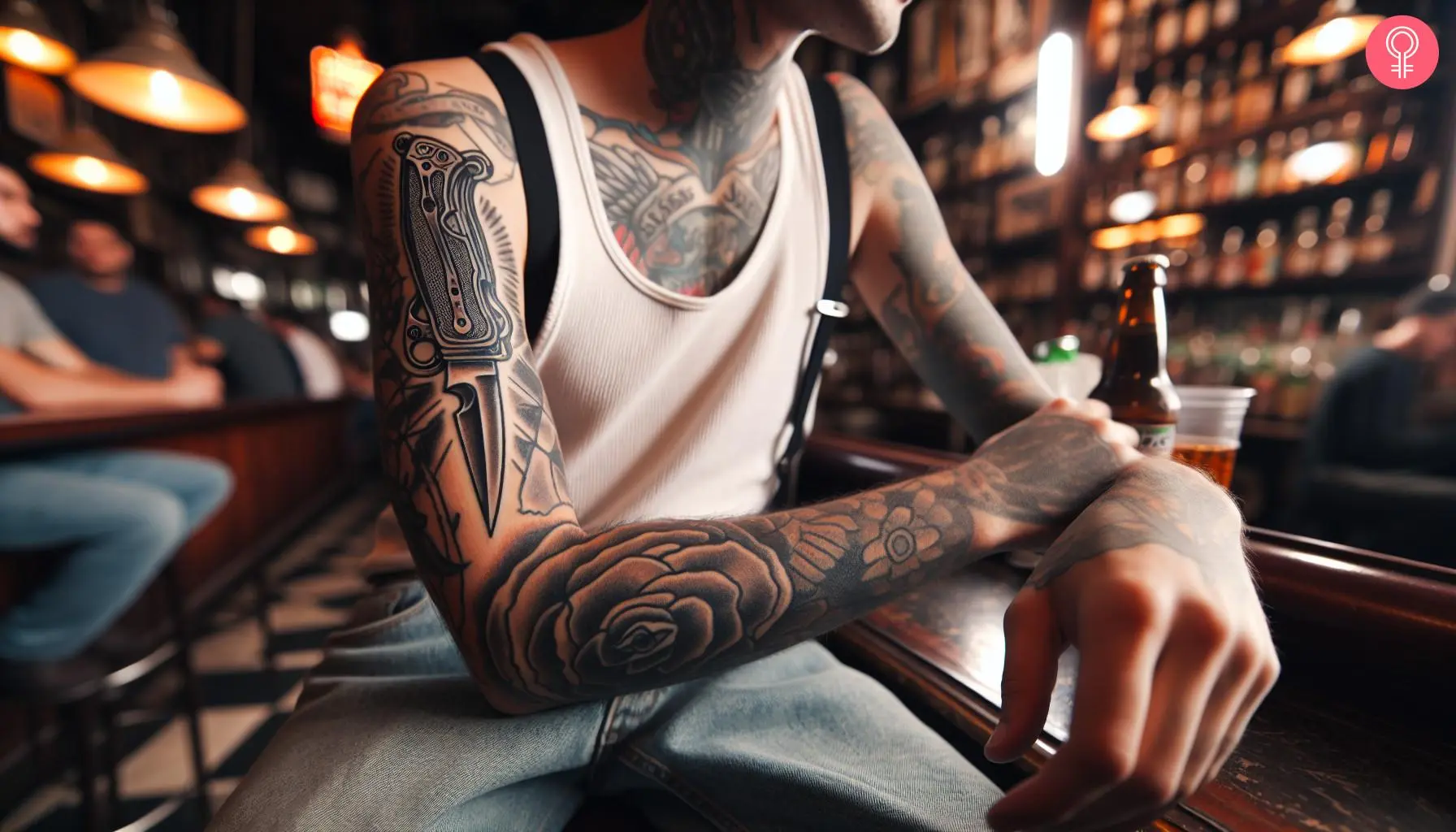 Switch blade tattoo on the upper arm of a man