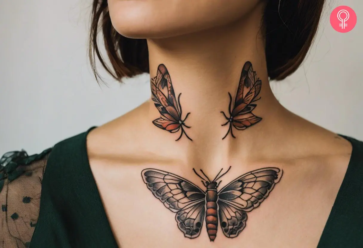 Symmetrical butterfly neck tattoo on a woman