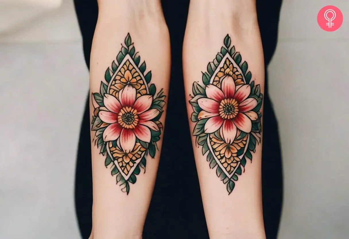 Symmetrical flower tattoo on the  forearm of a woman