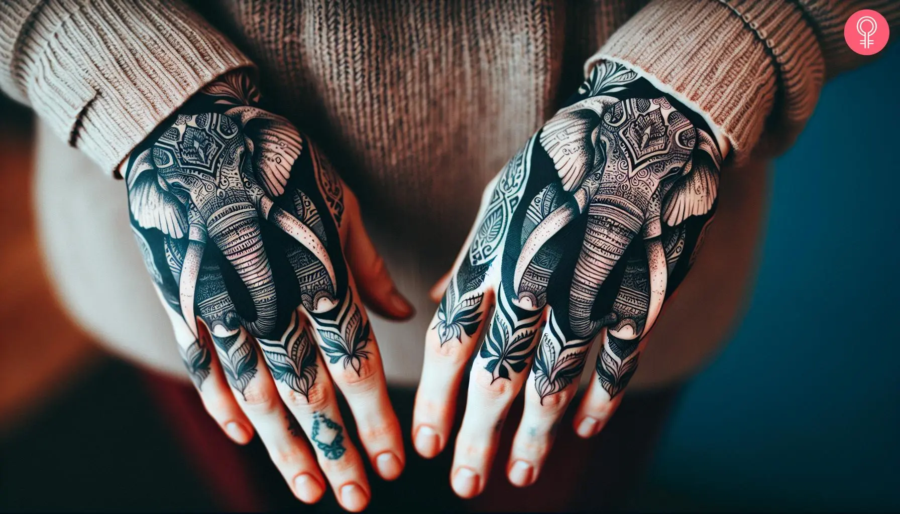 Symmetrical hand tattoo of elephants