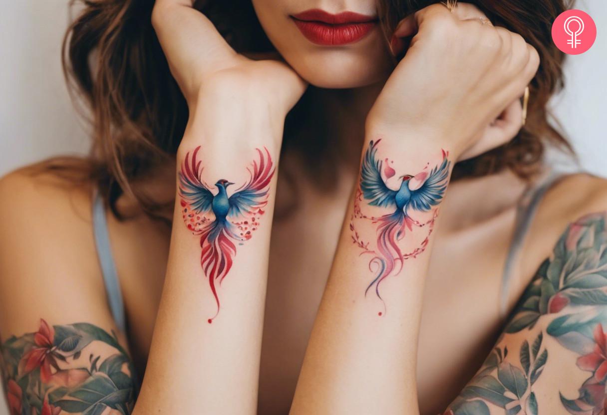 Symmetrical phoenix tattoo on a woman's wrist