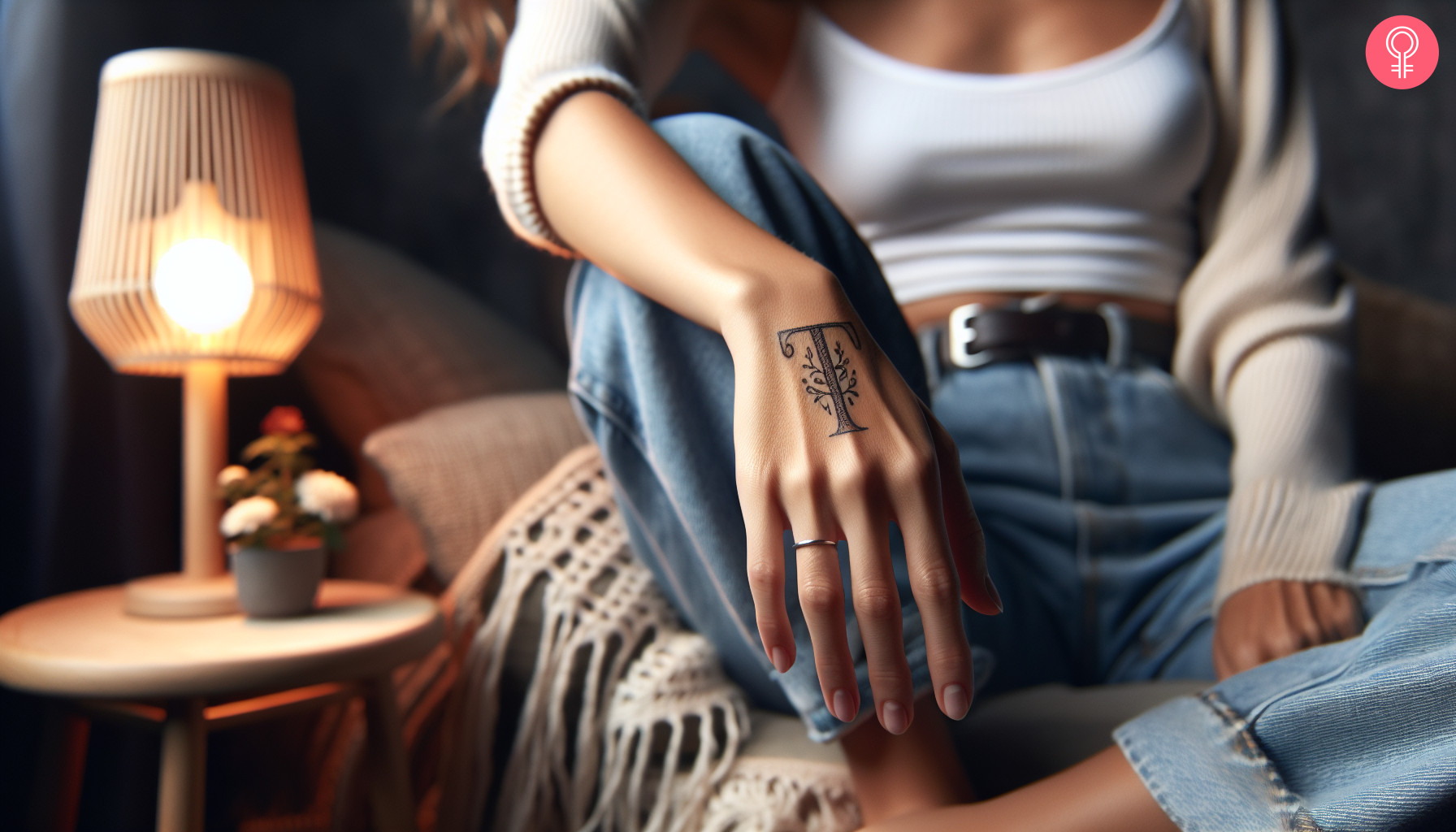 A T letter tattoo design on a woman’s hand