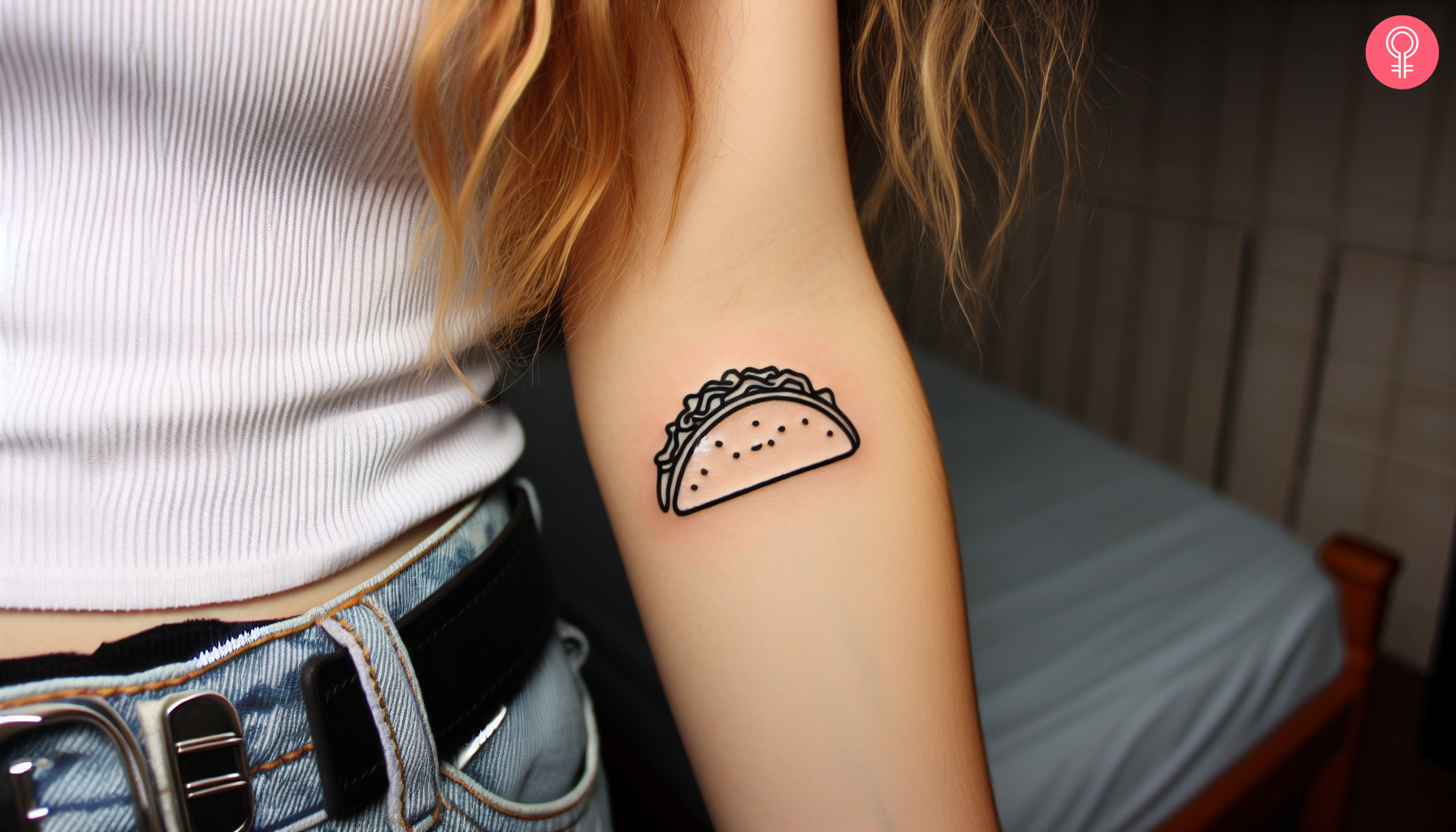 A tiny taco outline tattoo on the forearm of a woman