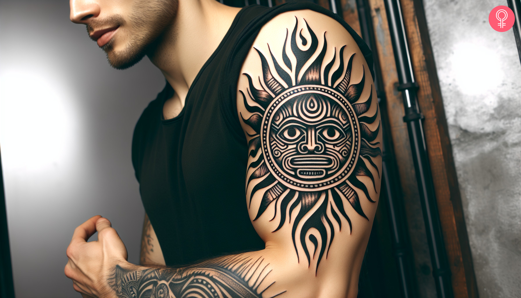 Taino sun god tattoo on the upper arm of a man