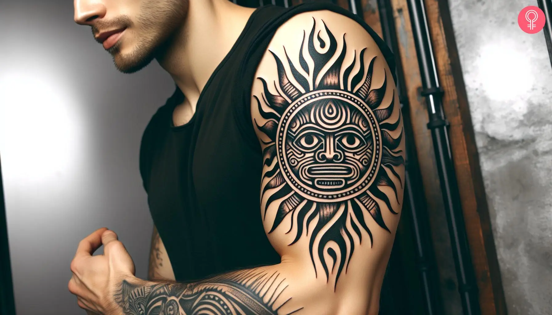 Taino sun god tattoo on the upper arm of a man