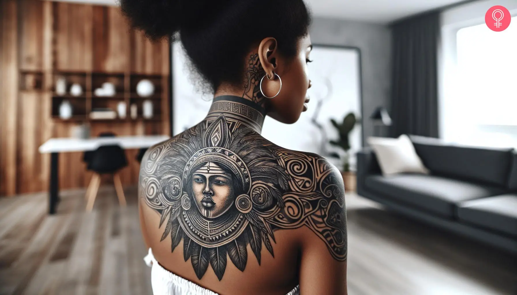 Taino woman warrior tattoo on the back of a woman