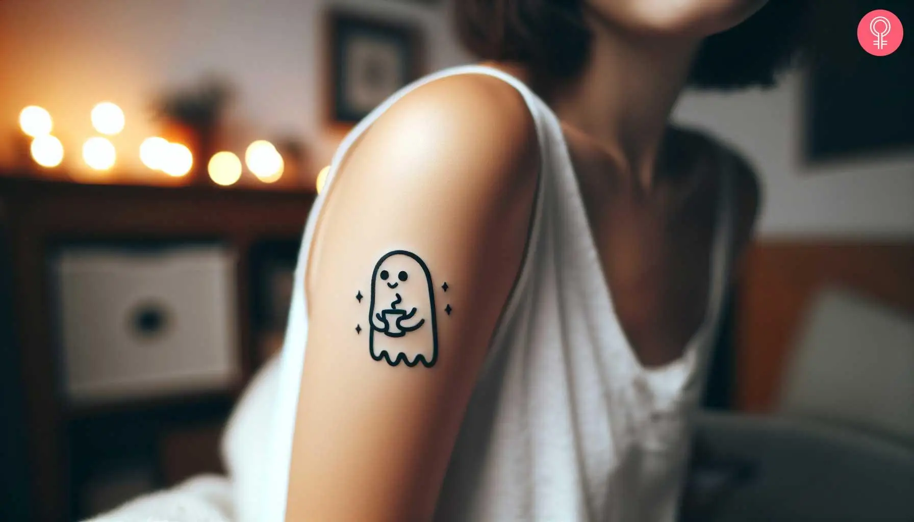 A tattoo on a woman’s arm showing a ghost drinking coffee