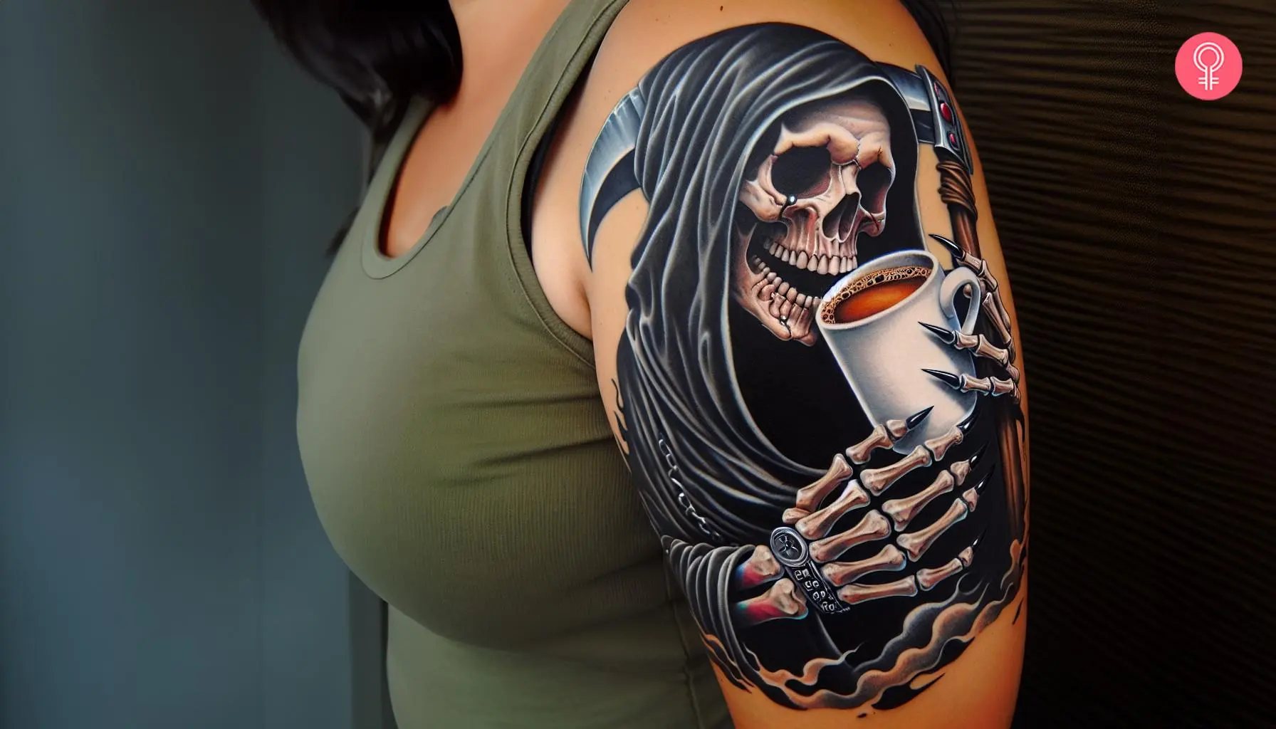 A tattoo showing the Grim Reaper drinking coffee