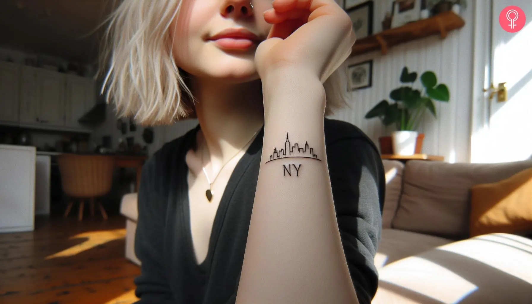 A New York half-word half-skyline tattoo on the forearm of a woman