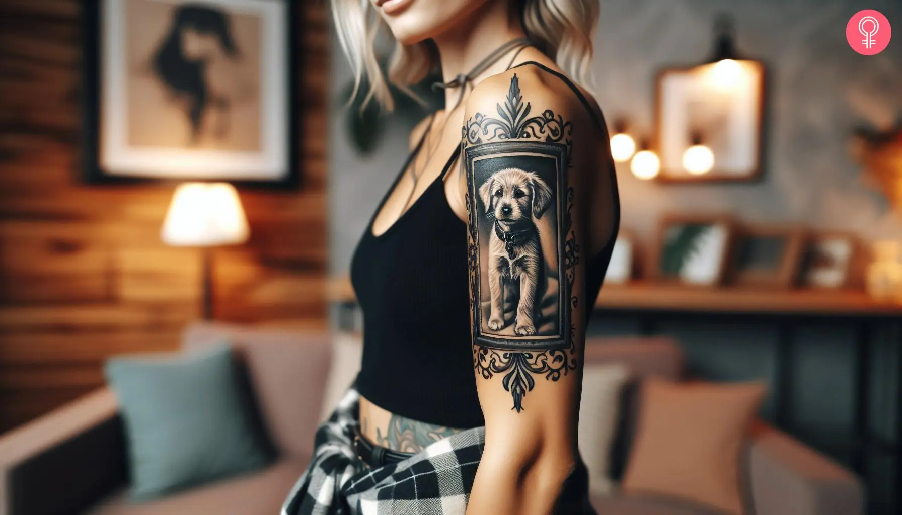 A woman with a vintage-style black frame tattoo on the upper arm.