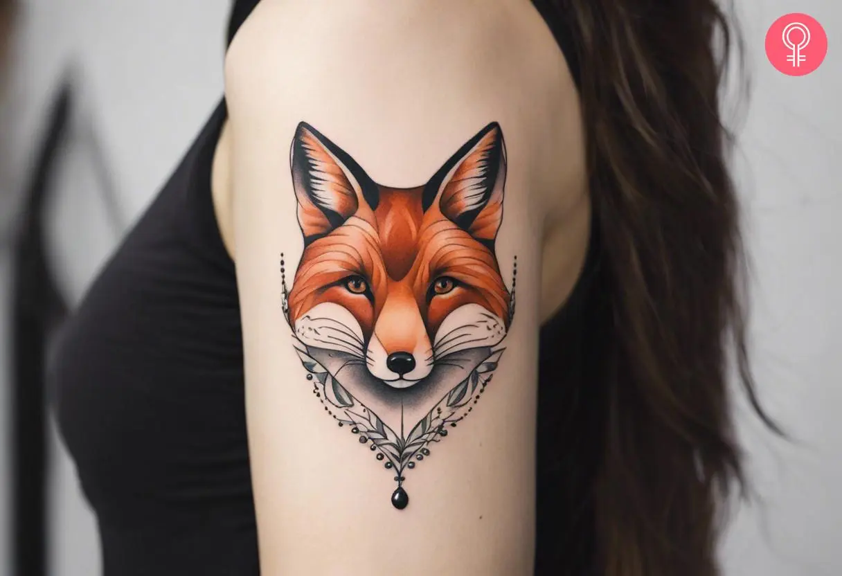 Tattoo of a fox wearing a pearl necklace on the upper arm