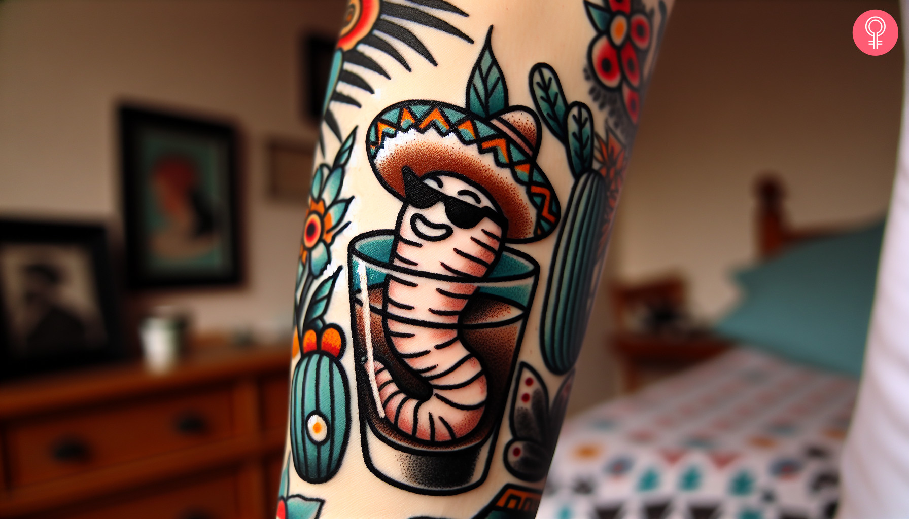 Woman with a tequila worm tattoo on the arm