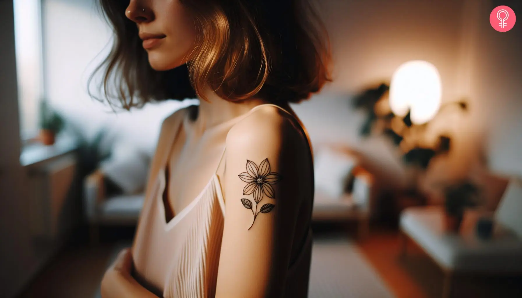 Thin line flower tattoo on the shoulder