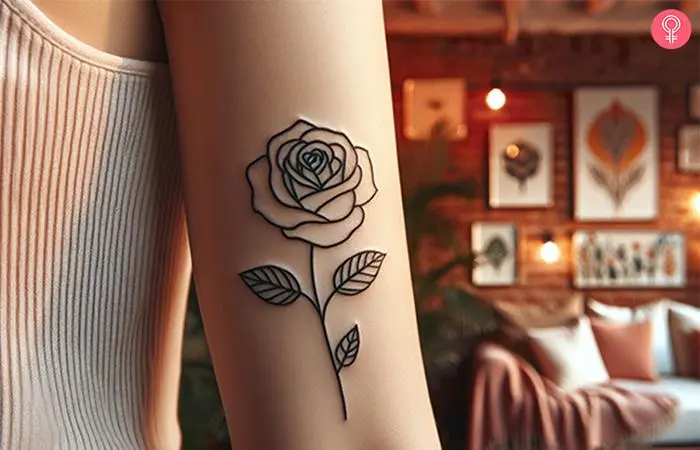 Thin line rose tattoo on the upper arm