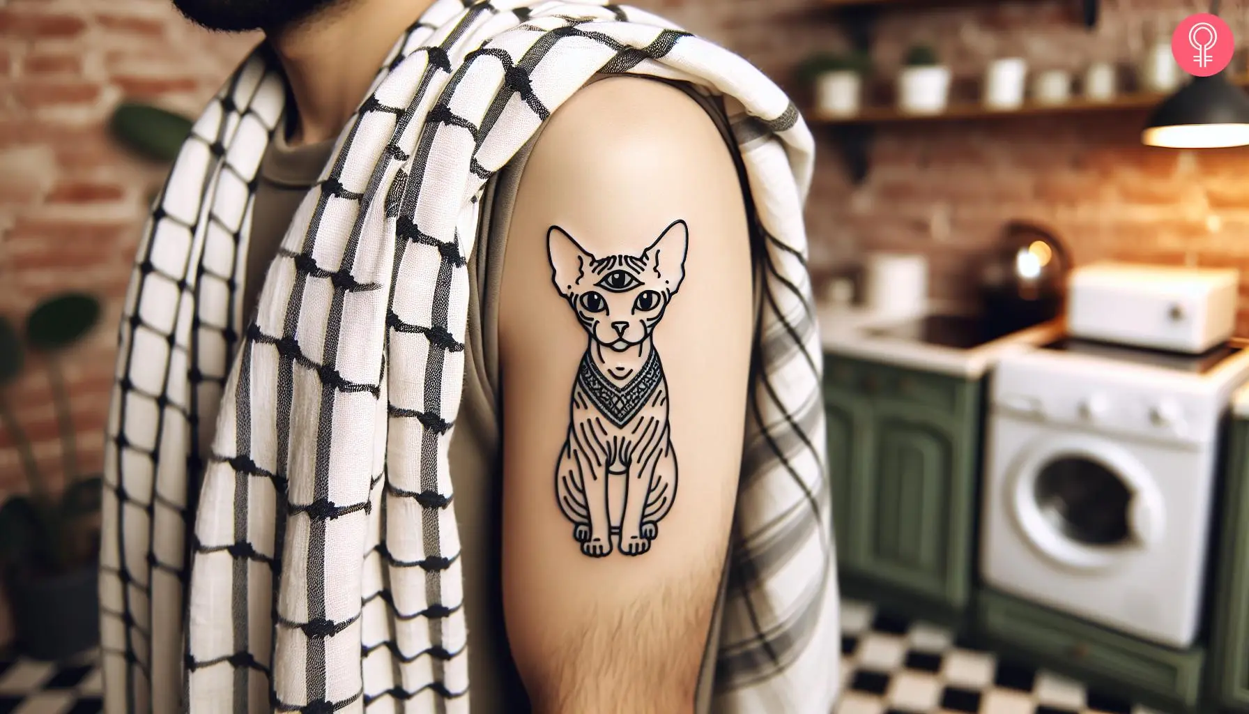 A three-eyed Sphynx tattoo on the upper arm