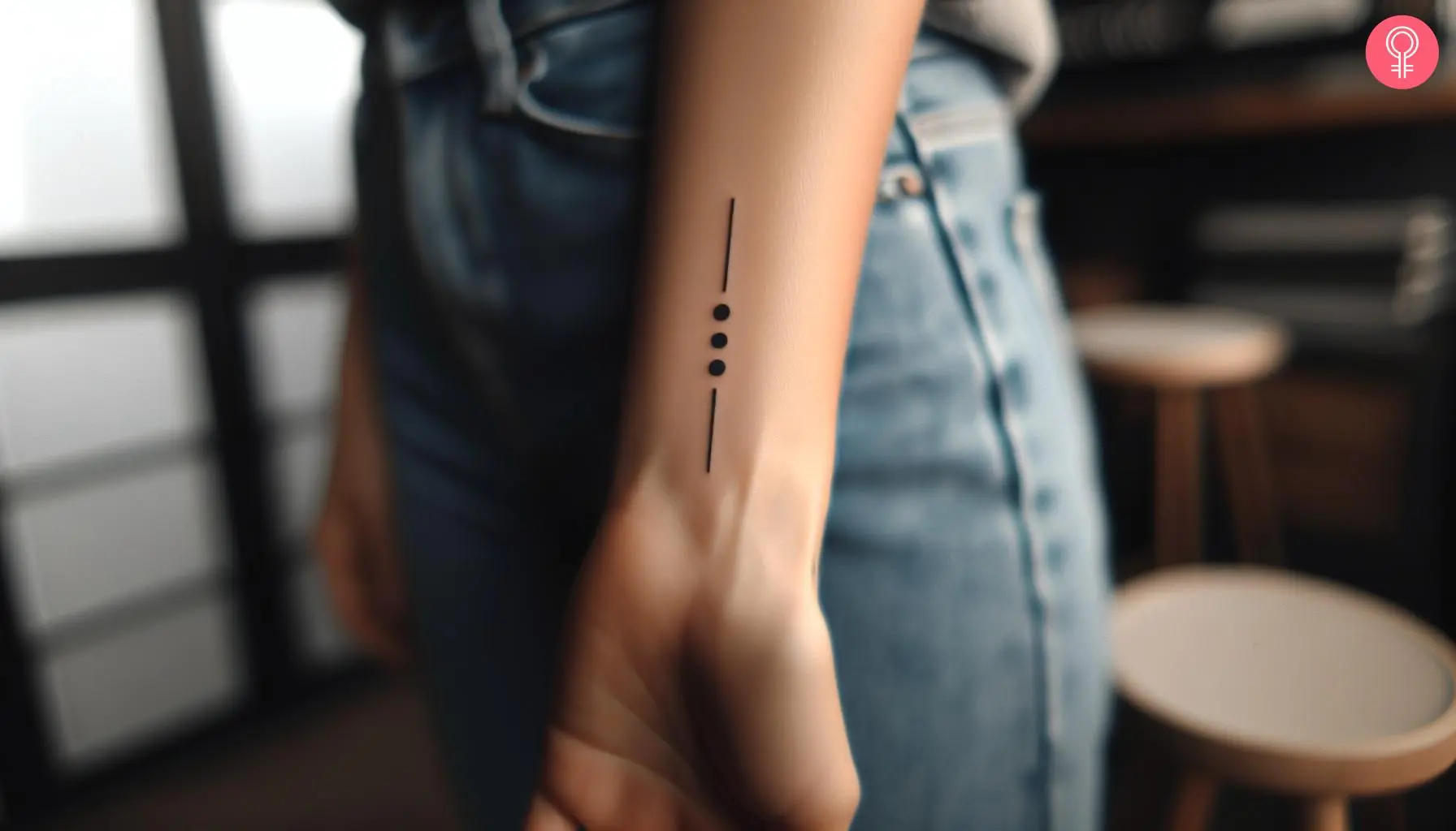 Three dots two lines tattoo on the wrist of a woman