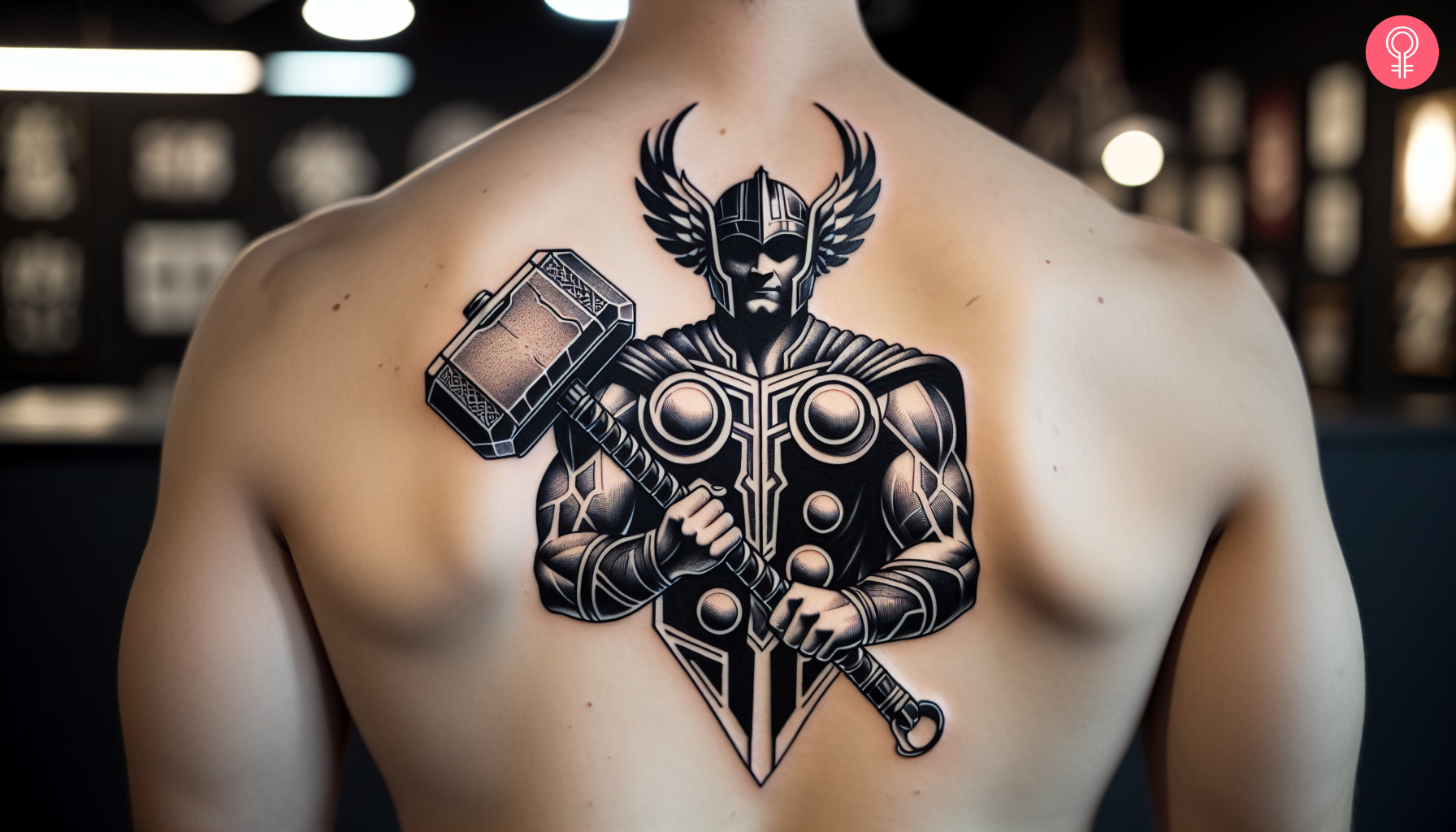 A tattoo on a man’s back featuring Thor holding Mjolnir