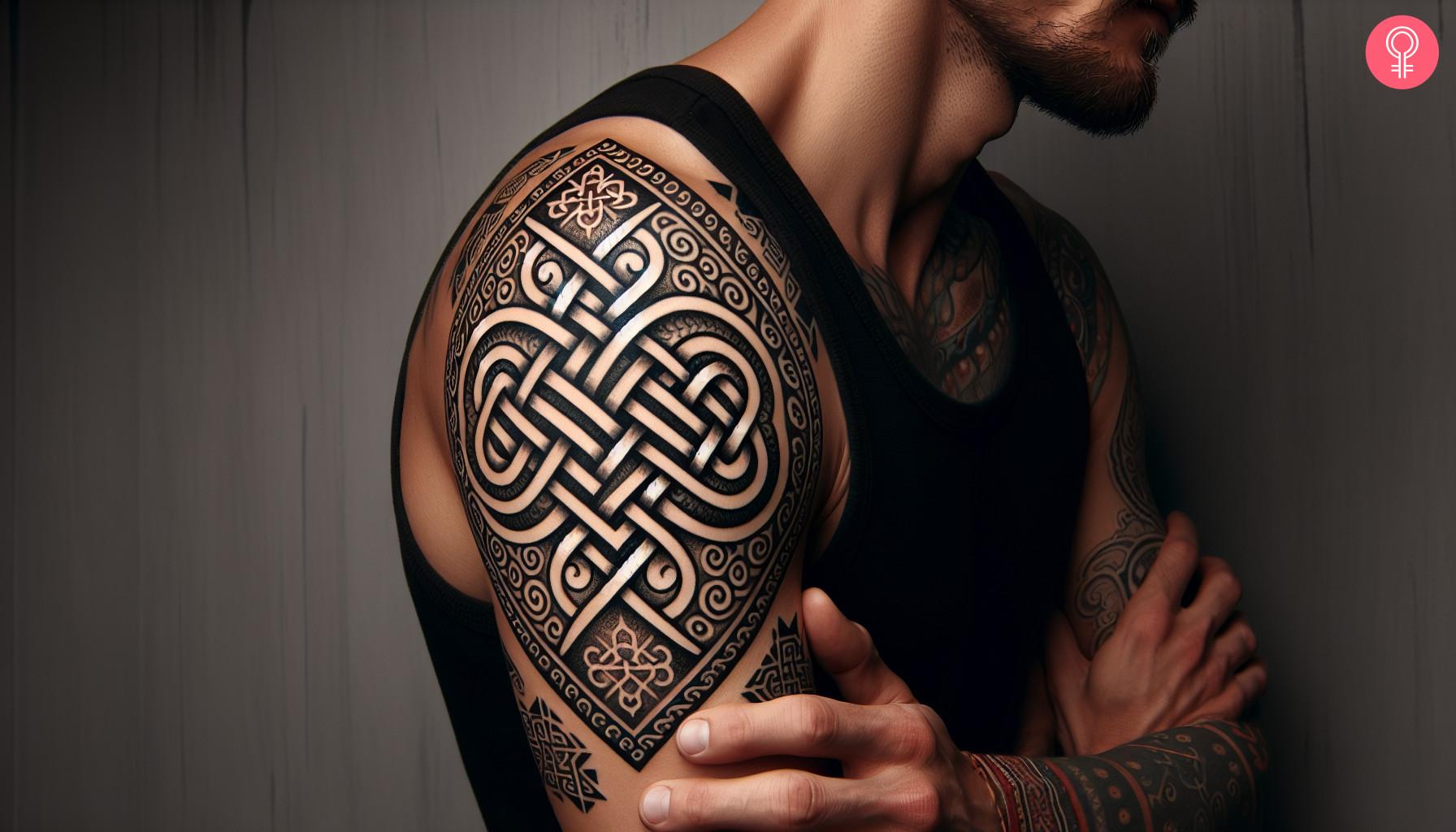 Tibetan knot tattoo on upper arm