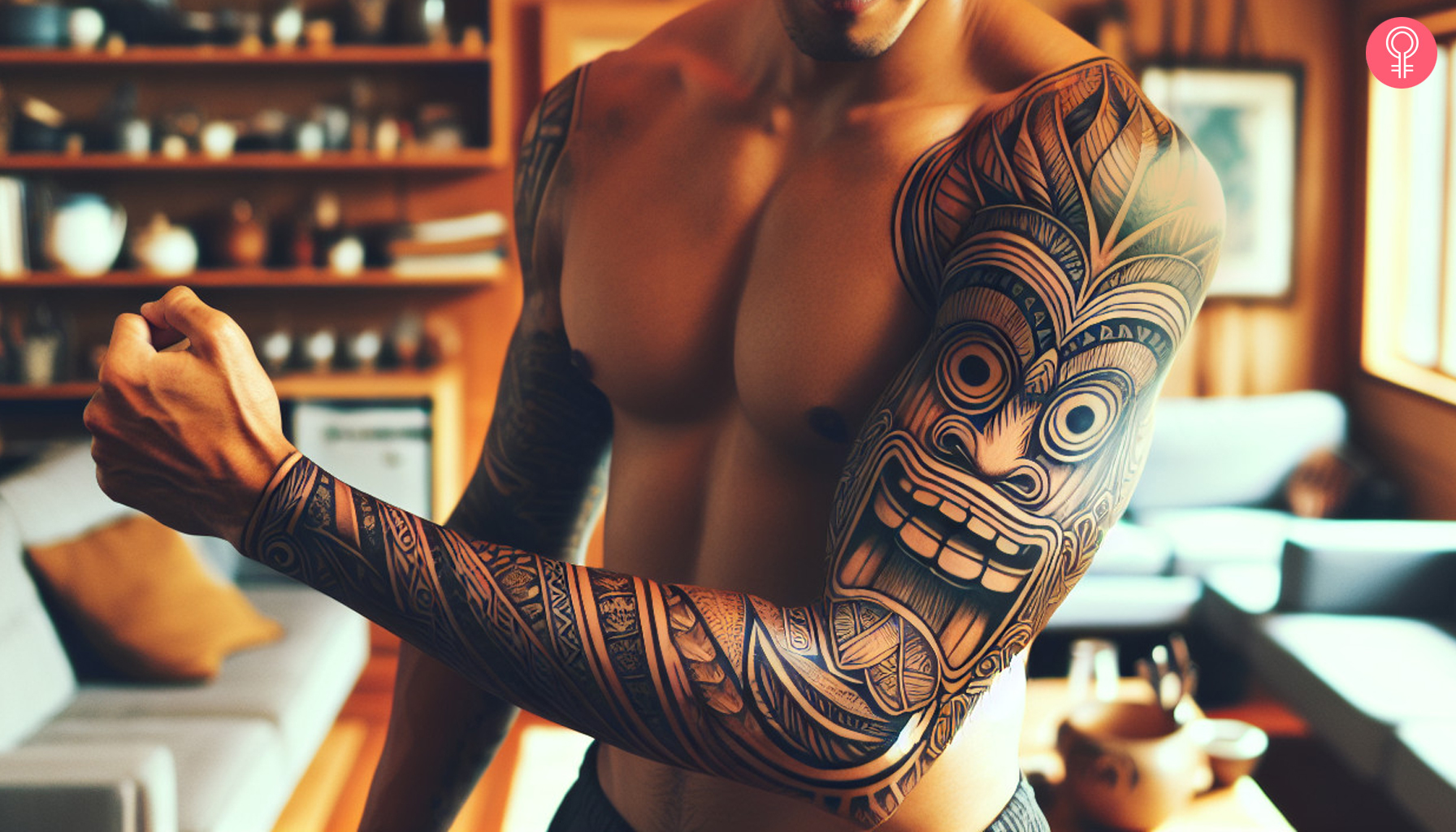 Tiki tattoo on the sleeve