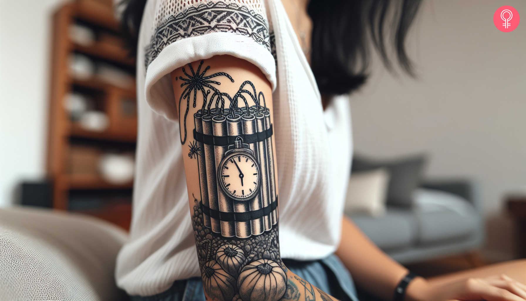 A time bomb tattoo on a woman’s upper arm