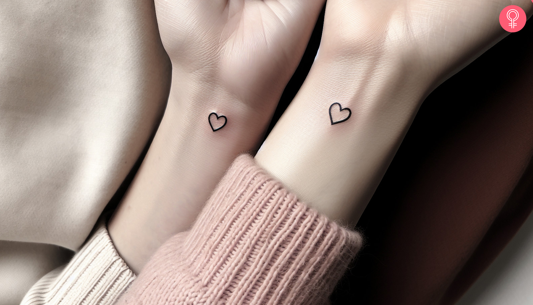 Tiny matching line heart tattoos on the wrist