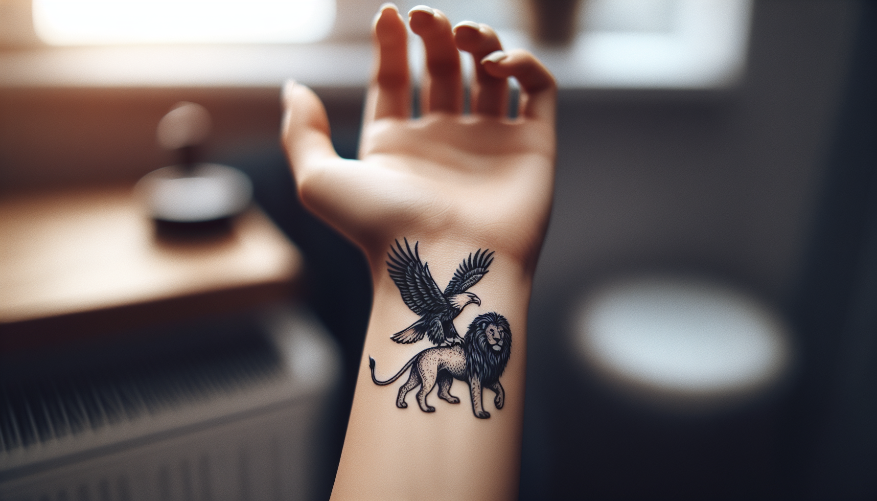 Tiny lion and eagle tattoo on the wrist of a woman