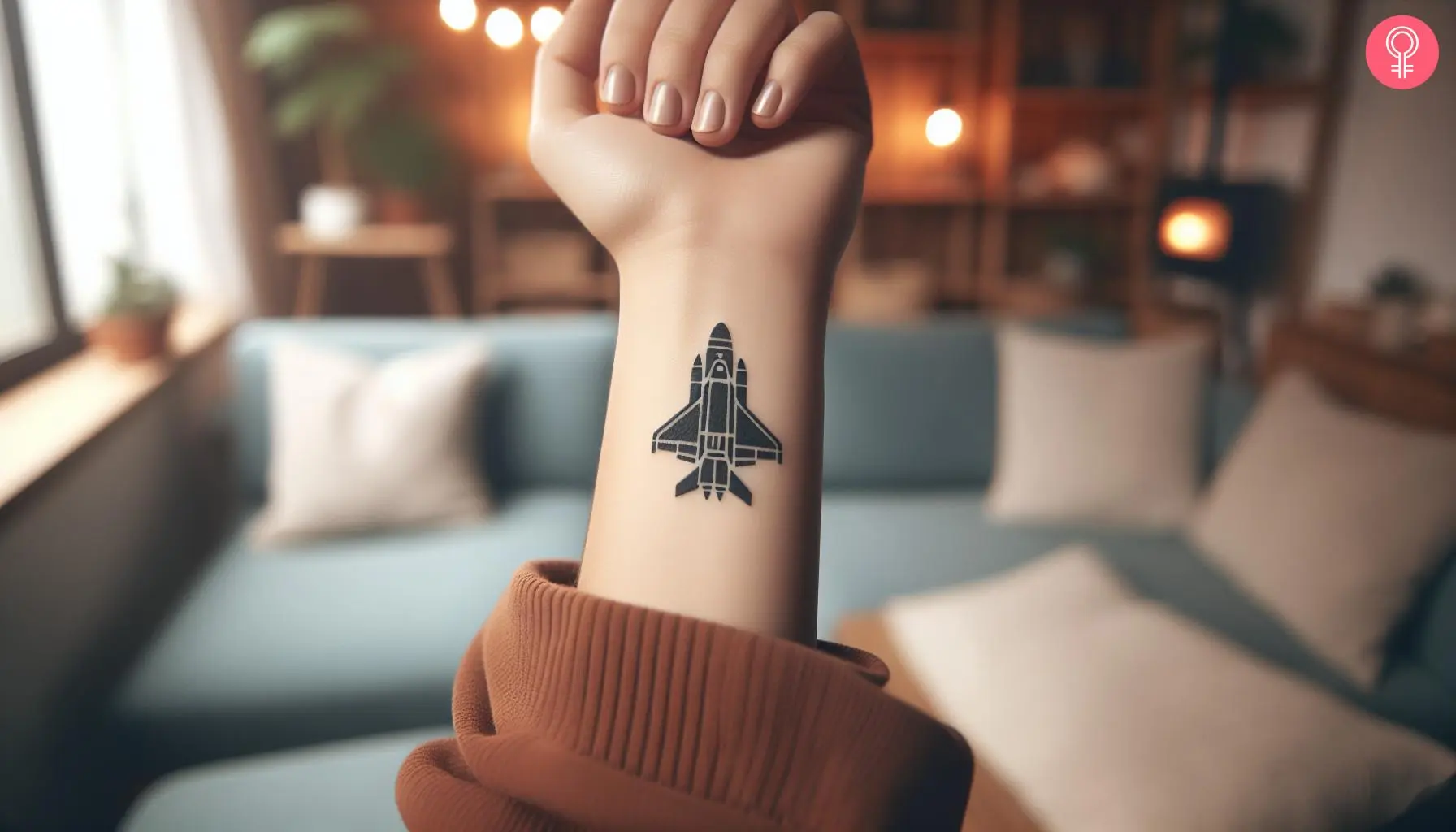 Tiny spaceship tattoo on the wrist of a woman