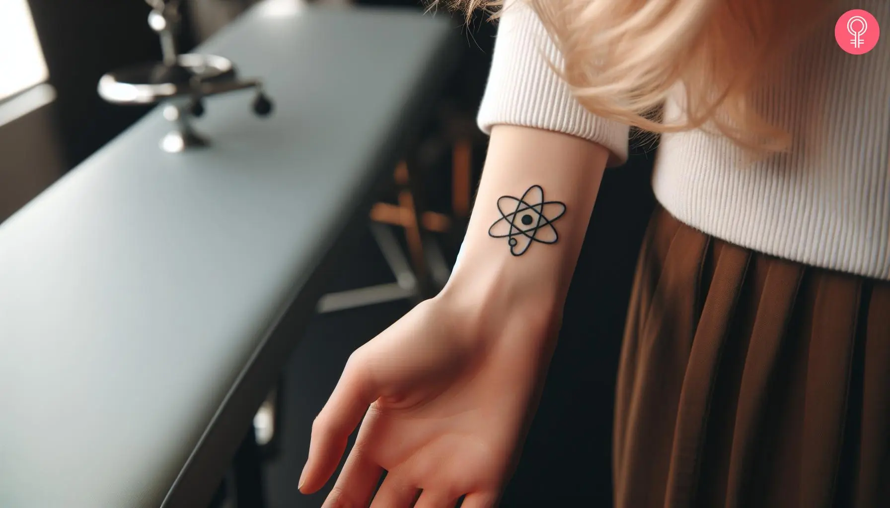 Tiny atom tattoo on the wrist of a woman