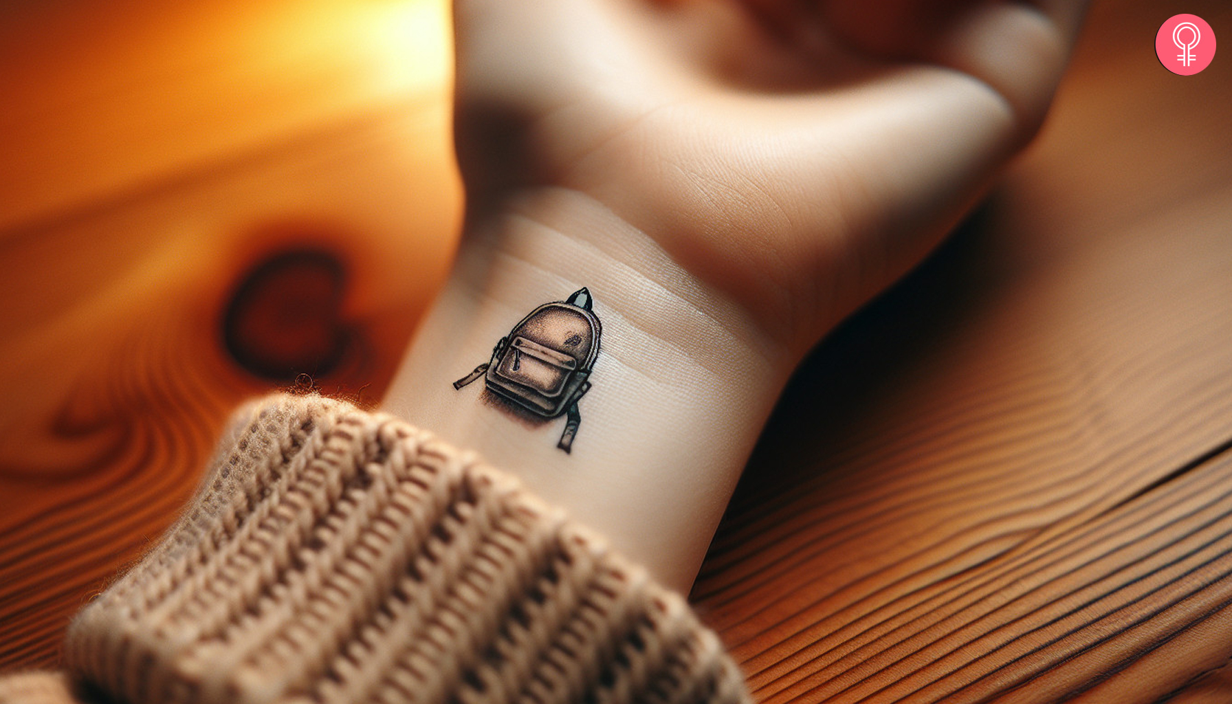 Tiny backpack tattoo on the wrist