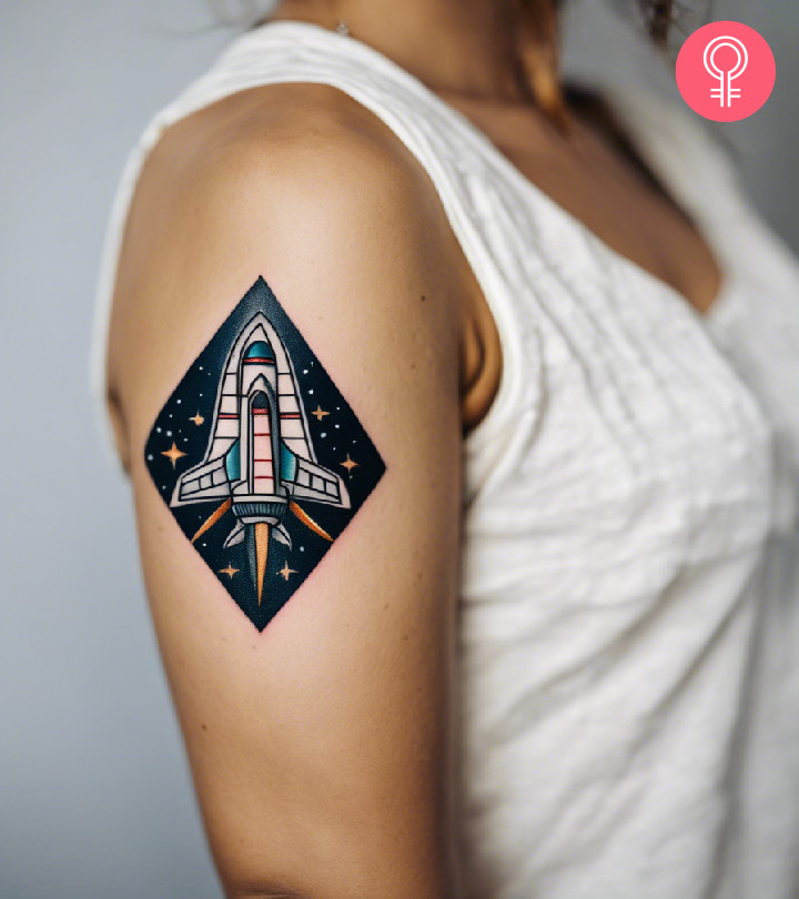 Express your fascination for the cosmic by adorning a vivid spaceship sketch on your skin. 