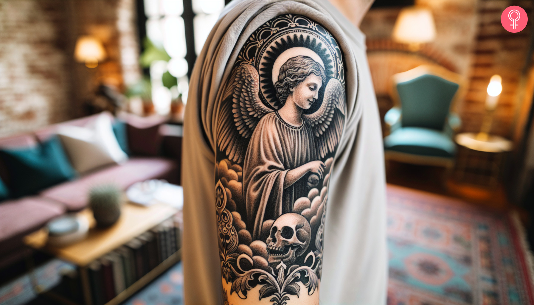 A traditional angel of death tattoo on the upper arm