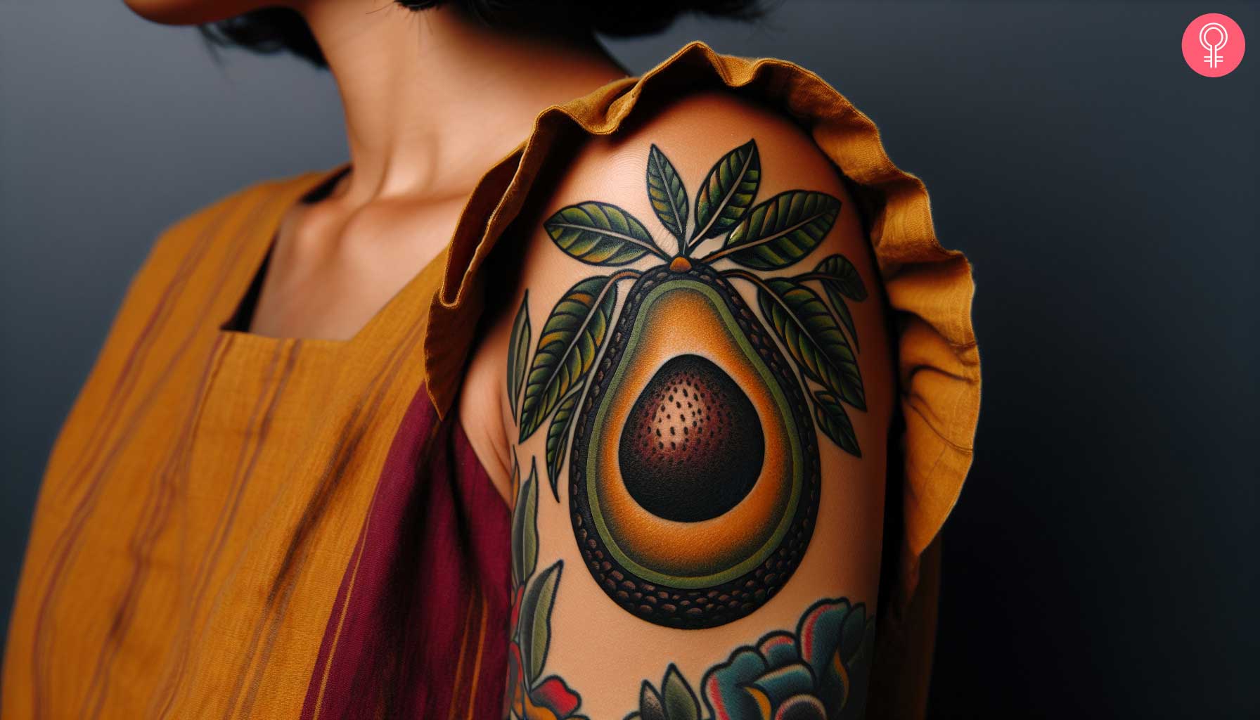 Traditional avocado tattoo on the upper arm of a woman