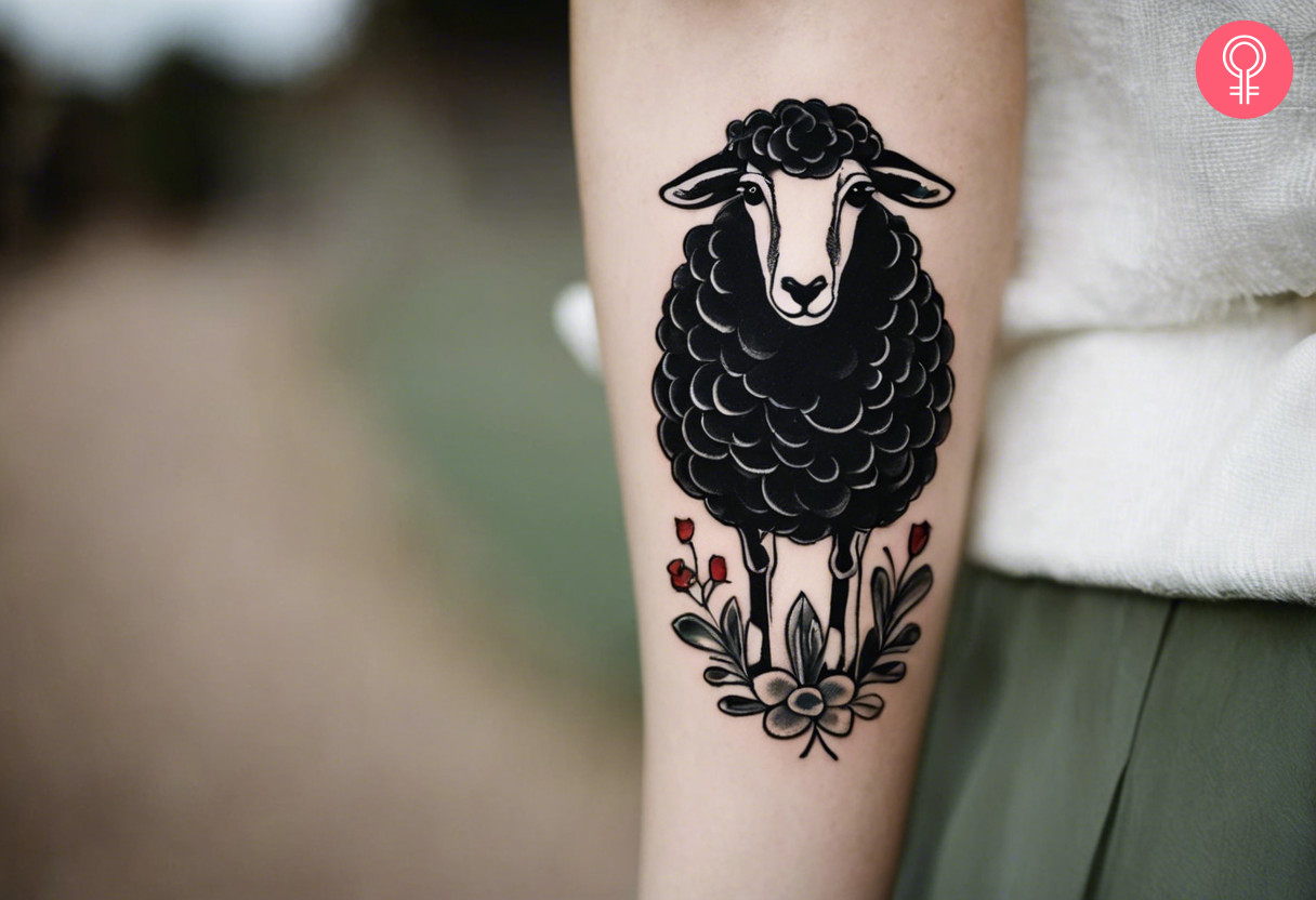 Traditional black sheep tattoo with flowers on the forearm
