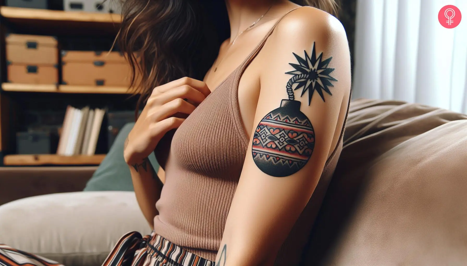 A traditional bomb tattoo on a woman’s upper arm