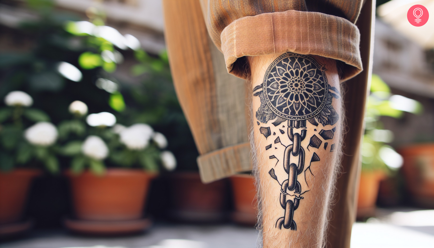 Man with a traditional broken chain tattoo on the leg