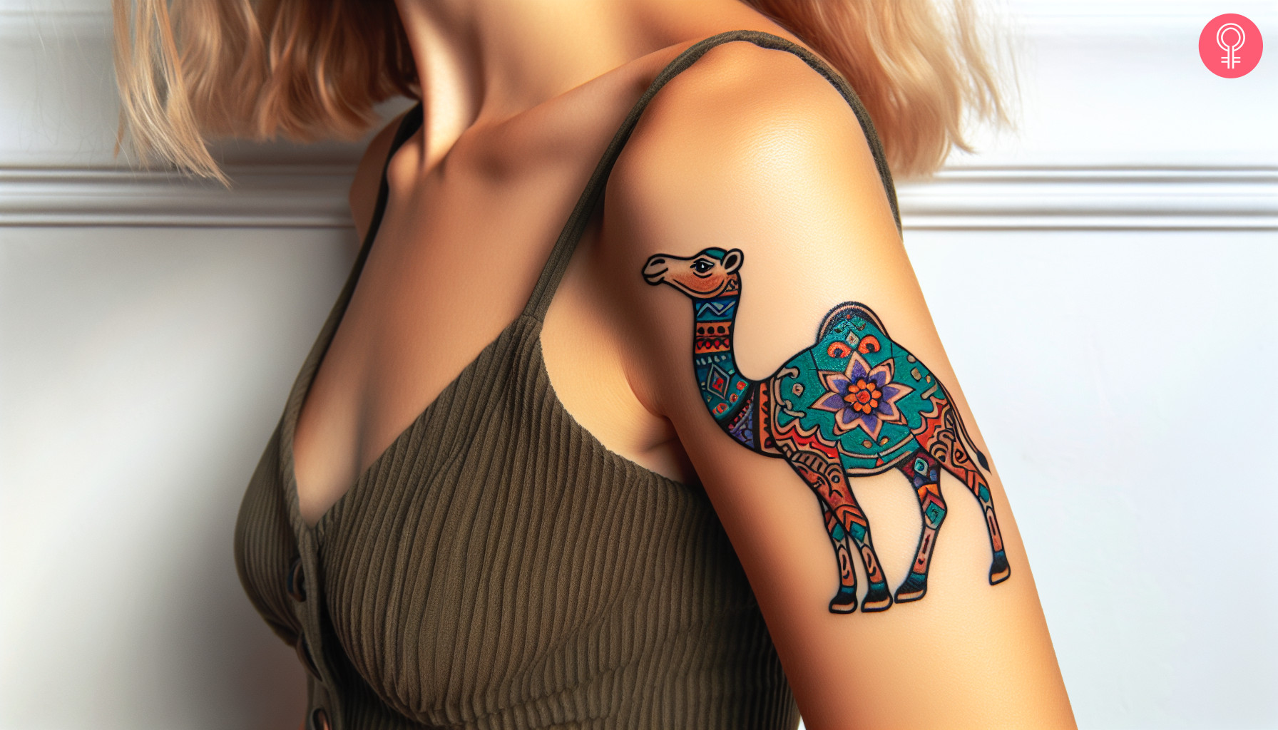 Woman with a traditional camel tattoo on the upper arm