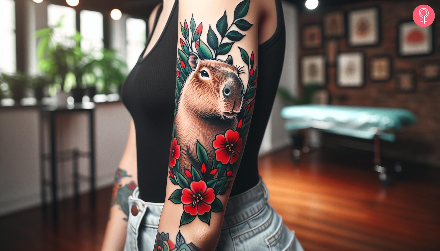 Traditional capybara tattoo on a woman’s forearm