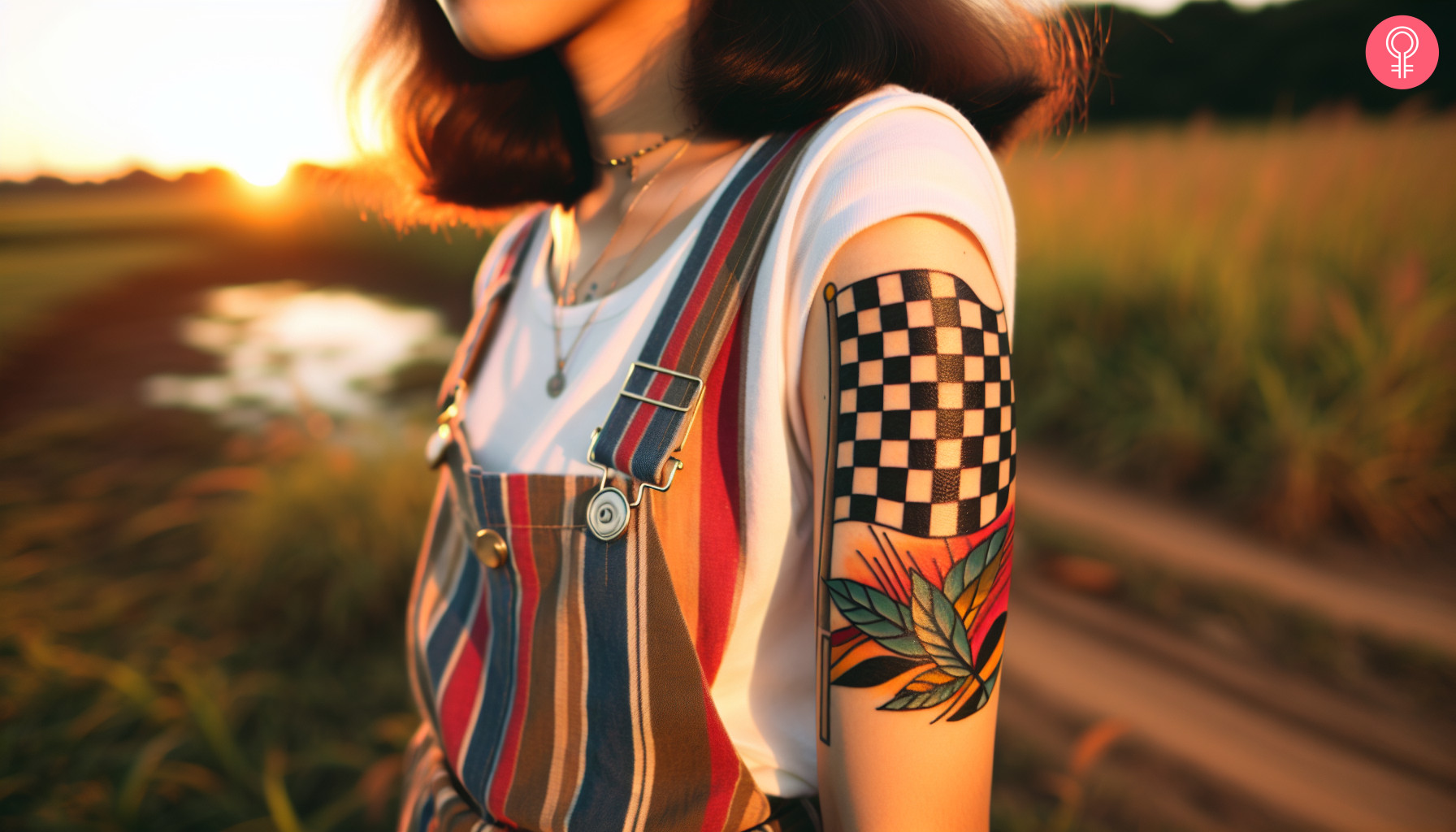 Traditional checkered flag tattoo on a woman’s arm