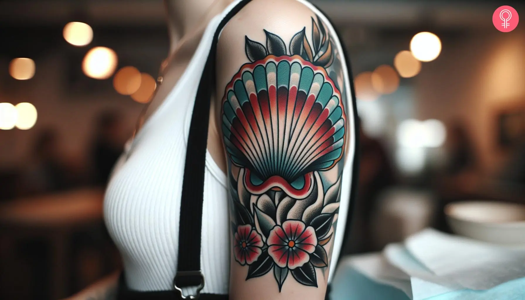 Traditional clam tattoo on the arm of a woman