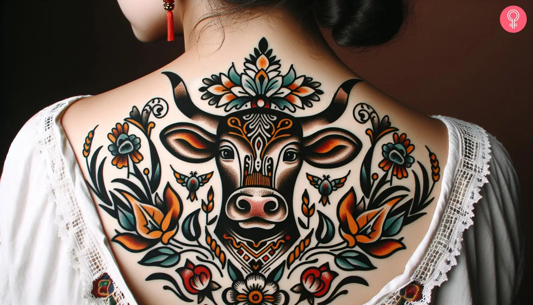 A traditional cow tattoo on the upper back of a woman