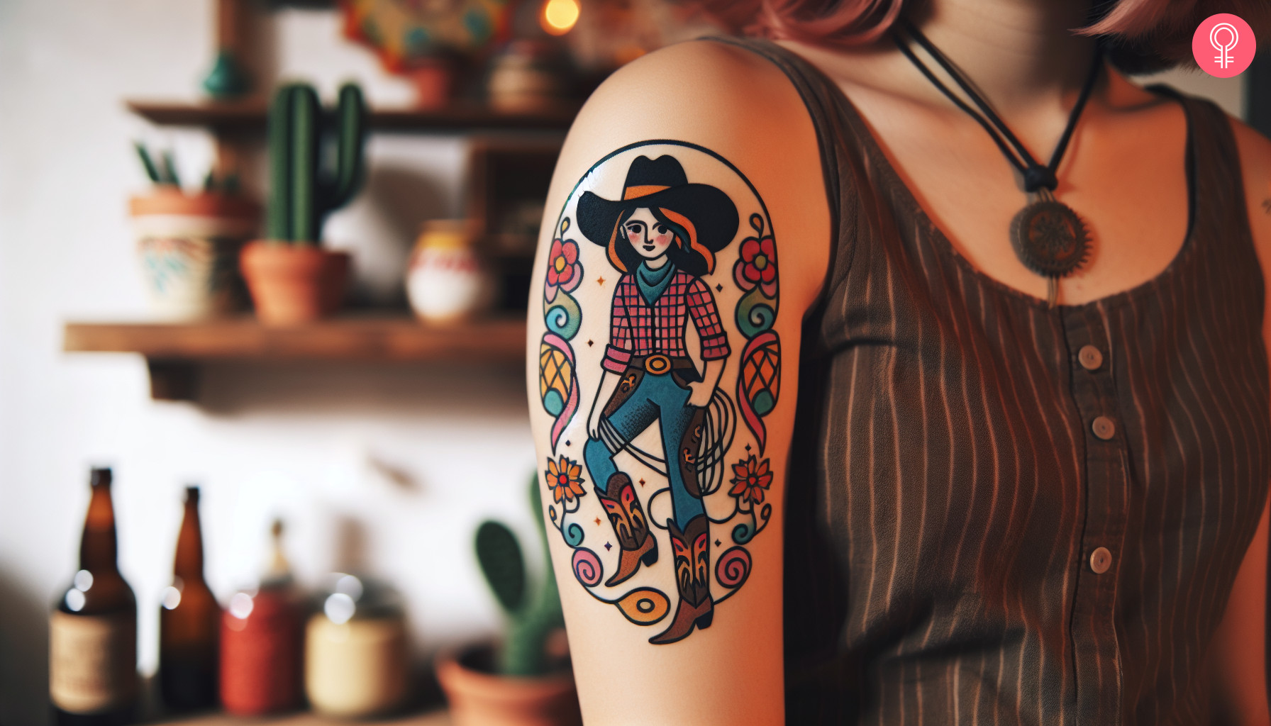 Traditional cowgirl tattoo on the upper arm of a woman