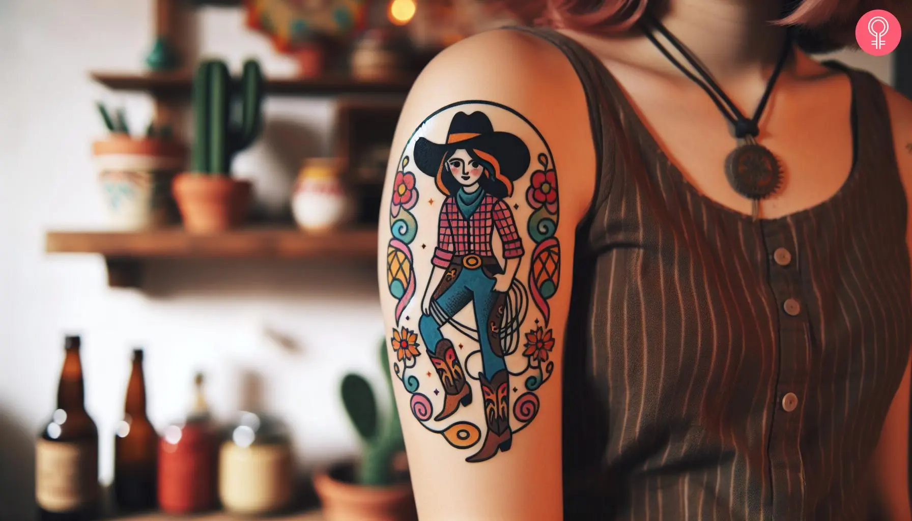 Traditional cowgirl tattoo on the upper arm of a woman