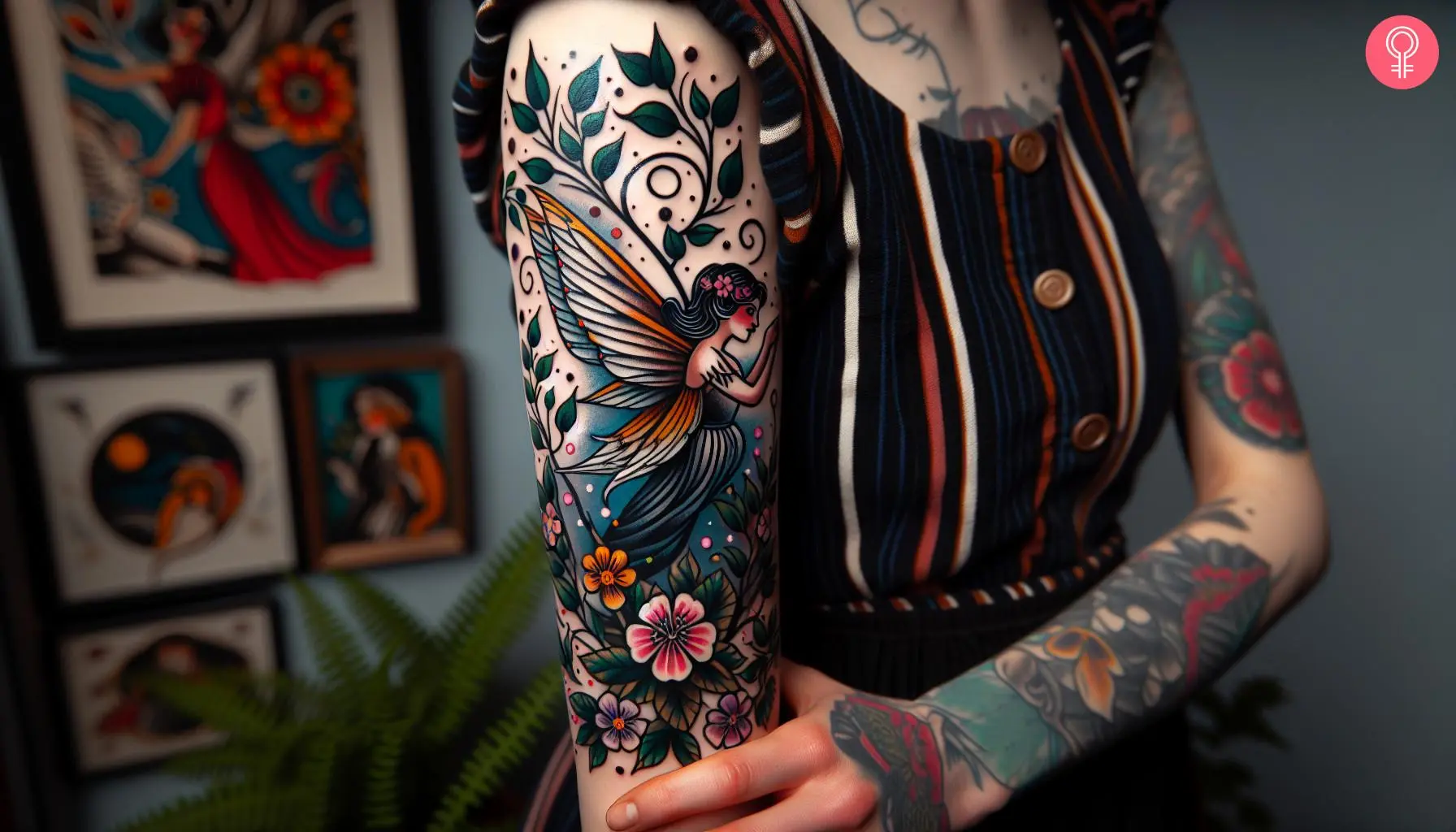 Woman with an American traditional fantasy tattoo on her upper arm