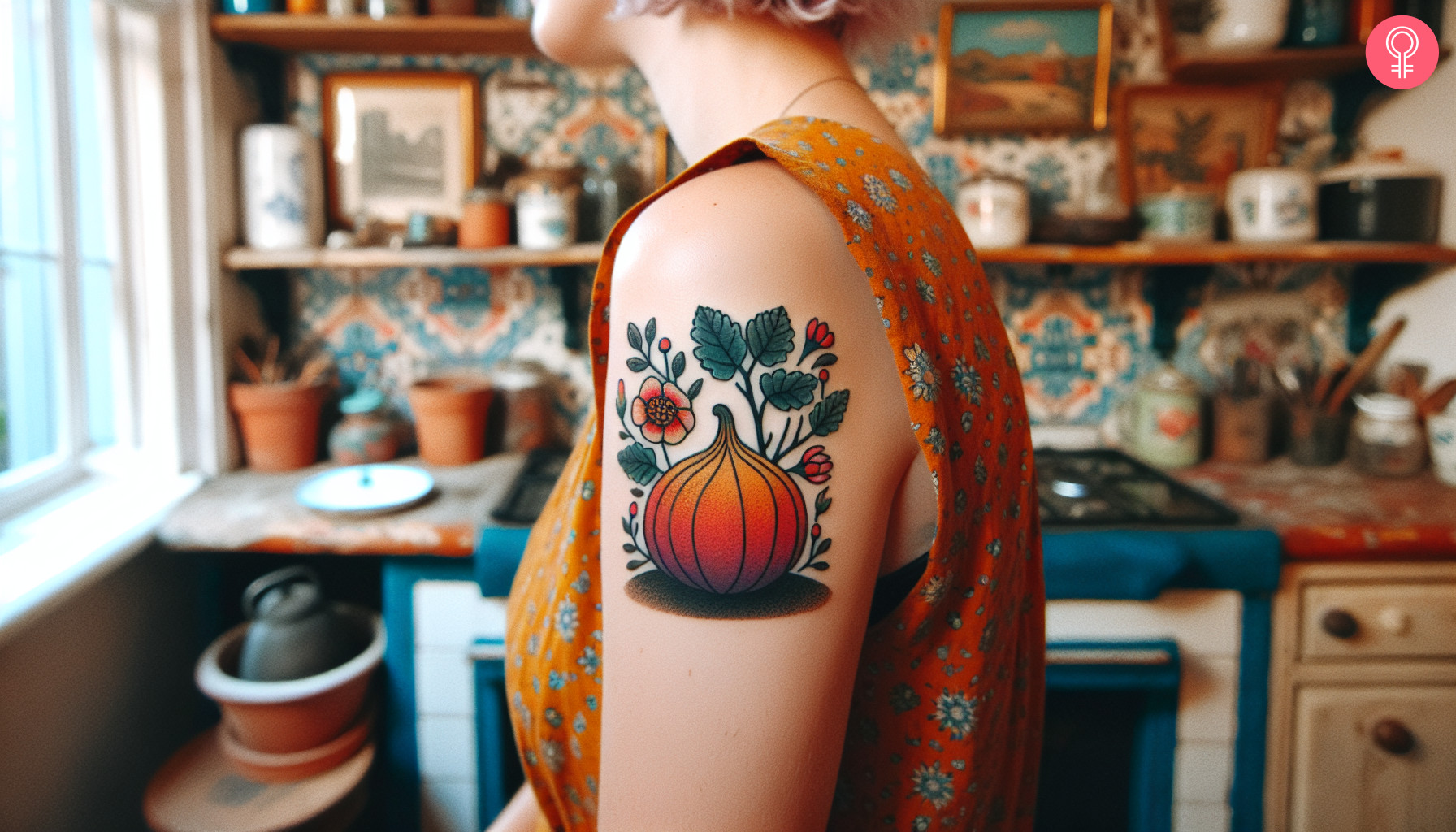 Traditional fig and flowers tattoo on the upper arm