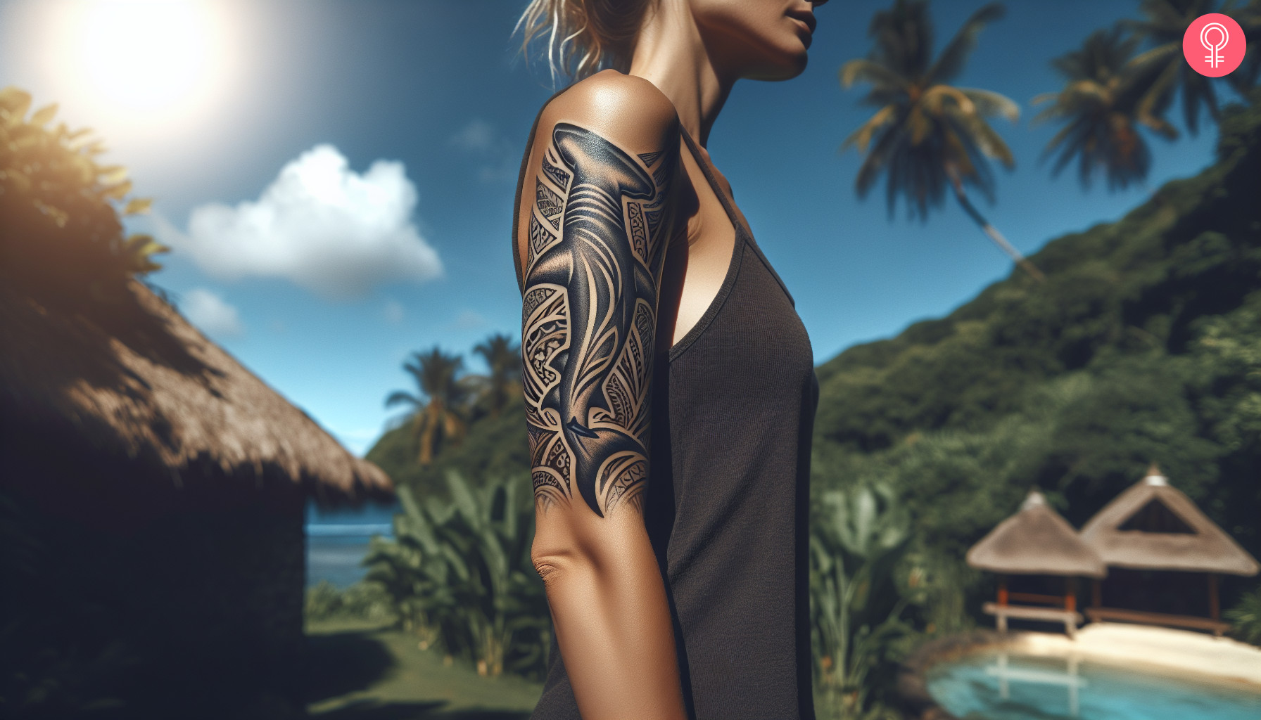 A woman with a Fijian shark tattoo on her upper arm